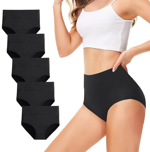 TUUHAW underbyxor, damunderkläder, 5-pack, trosor, korsbyxor, bomull, hög midja, ventilerande, svart, M