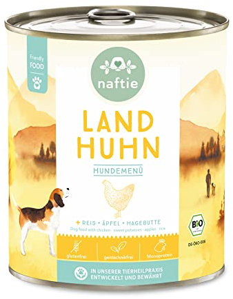 naftie Bio Hundefutter Land Huhn - Premium Nassfutter Menü mit Huhn, Reis, Äpfel und Hagebutten - glutenfrei - purinarm - Diät-Futter - 800g Dose