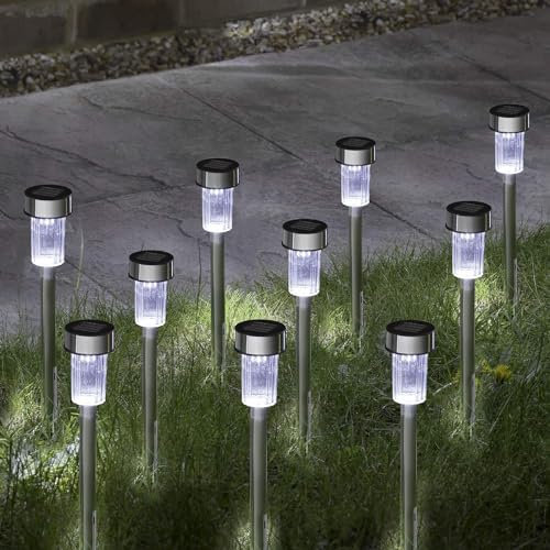GloBrite Pack of 10 Solar Lights Outdoor Garden – Waterproof Stainless Steel LED Solar Garden Lights with Stake for Pathway, Driveway, Patio, Walkway, Lawn, Yard & Landscape Decoration