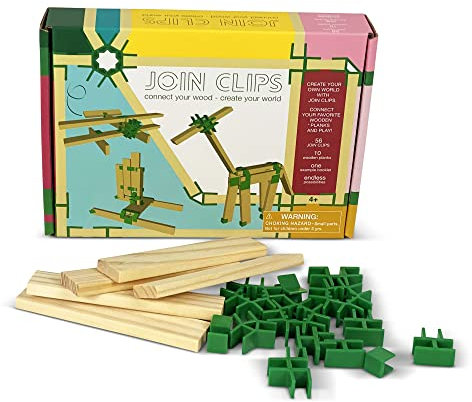JOIN CLIPS: BASIC SET “MINI EDITION” 56 clips und 10 Holzbausteinen - Kinderspielzeug - Holzspielzeug - Geeignet ab 4 Jahren - Mit edukativen Beispielen