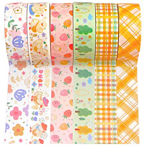 YUBBAEX BB Duck Washi-Tape-Set, VSCO Spritztüllen, Goldfolie, dekoratives Klebeband für Kunst, Basteln, Bullet Journal Supplies, Planer, Sammelalben, Karten/Geschenkverpackungen, 15 mm x 6 Rollen
