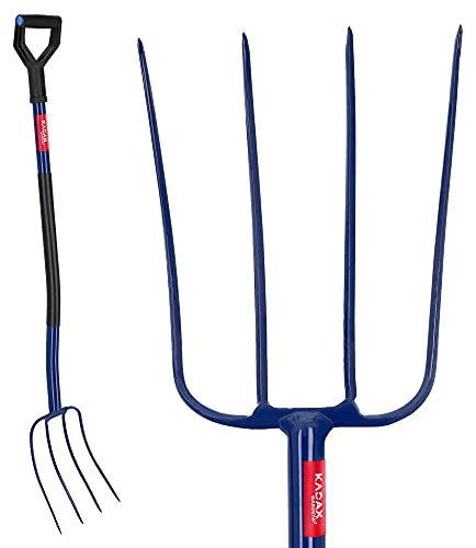 KADAX Heugabel mit Stiel aus Metall, Forke aus Stahl, Grabegabel mit D-Griff, Gabel für Garten, Gartengabel, Mistgabel, Spatengabel (4 Zinken)