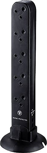 Masterplug Ten Socket Surge Protected Telecom Tower Extension Lead with Two USB Charging Ports, 1 Metre, Black