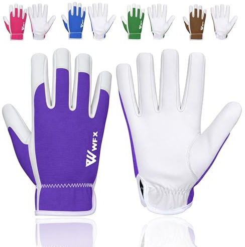 WFX Guantes de trabajo de cuero para jardinería, transpirables, a prueba de espinas, para construcción de palmas, guantes de jardinería resistentes, para mujer y hombre, utilidad (Morado, M)