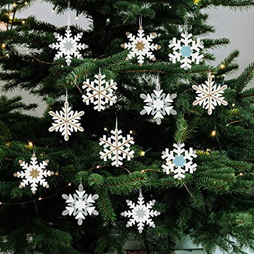 com-four® 12x Tannenbaumschmuck Holz-Anhänger, Weihnachtsbaumschmuck | Christbaumschmuck im Schneeflockendesign