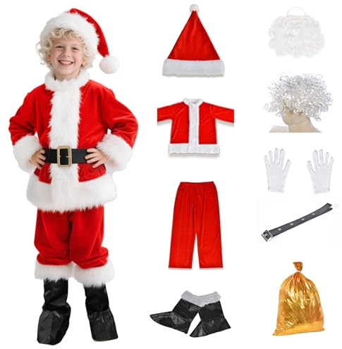 KLLOUZE Kids Santa Claus Costume Children's Christmas Deluxe Santa Suit Outfit Party Cosplay Costumes for Boys Kids 9 PCS (Small)
