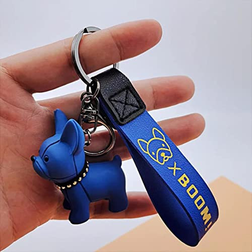 Süße Französische Bulldogge Schlüsselanhänger, PU-Leder, Seil, Schlüsselanhänger, Punk-Stil, Anhänger, Hund, Schlüsselanhänger für Frauen, Kinder, Männer, Auto-Schlüsselanhänger, Geschenk-Dunkelblau