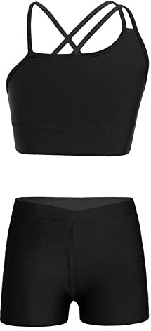FEESHOW Ensemble de Sport Enfant Fille Ado Débardeur sans Manche Brassière Dos Nu Crop Top de Fitness & Short de Bain Natation Sport Gym Costume Danse Performance Noir A 9-10 Ans