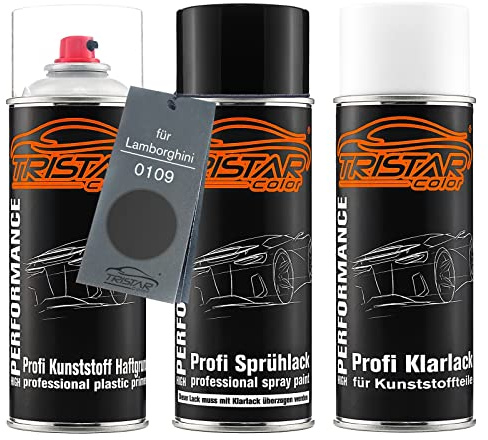TRISTARcolor Vernice per auto Kit bombolette spray per paraurti di plastica per Lamborghini 0109 Nero Nemesis Mat base adesiva vernice di base vernice trasparente con plastificante