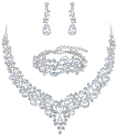 Ever Faith Wedding Bridal Jewellery Sets for Women, Sparkly Rhinestone Crystal Floral Teardrop Cluster Statement Necklace Dangle Drop Earrings Bracelet Set 3 Pcs Costume Jewelry White Silver-Tone