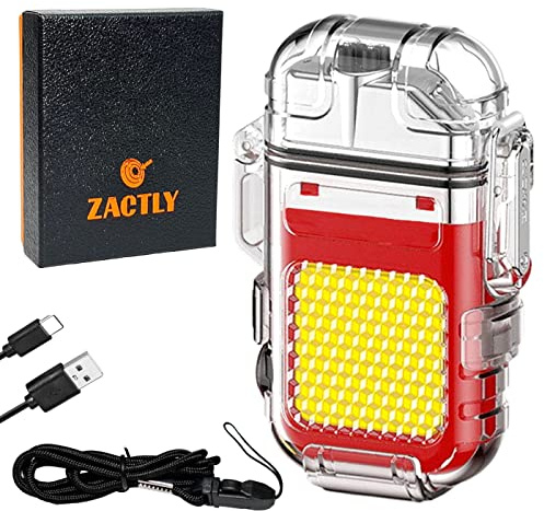 Zactly MODEL AL10 Transparent Electric Lighter Dual Arc Multifunction USB Type-C Rechargeable Waterproof Windproof Dustproof with Led Light, Whistle & Lanyard, Camping, Outdoor Survival Tool (Red)