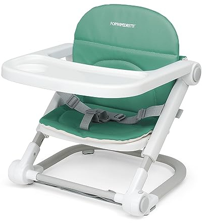 Foppapedretti Kindersitzerhöhung Lift, Kinder von 6 Monaten bis 3 Jahren (bis 15 kg), abnehmbares und tragbares Tablett, inklusive Tasche, herausnehmbare und waschbare Polsterung, 3 Höhen, Grün