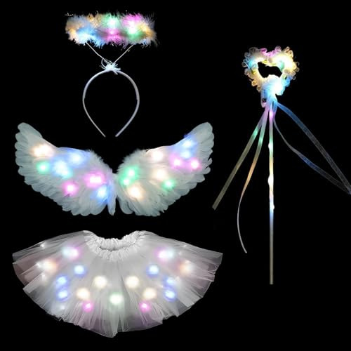 TaimeiMao Leuchtend Engel Kostüm Mädchen,mit 60cm Weiß Engelsflügel Federflügel Heiligenschein Engel Haarreif Zauberstab LED Tutu Tüllrock,für Halloween Karneval Cosplay Party Fasching Kostüm F55