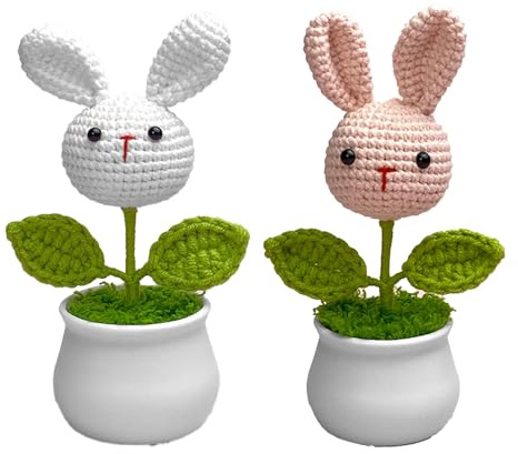 Wnvivi 2 Stück Handgefertigte Gestrickte Häschen Im Topf, Mini-Häkel-Osterhasen-Figur mit Topf, Niedliche Häschen-Topf-Desktop-Ornament für die Heimdekoration zu Ostern(Weiß, Rosa)