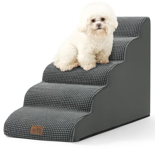 COZY KISS Hundtrappa för hög säng 57.4 cm H, liten hundtrappa för valp, äldre hund eller katt, böjd ramp för bil, stege med högdensitetsskum, lätt, hållbar, 39.9x83.8x57.4 cm, 5 steg, kolgrå