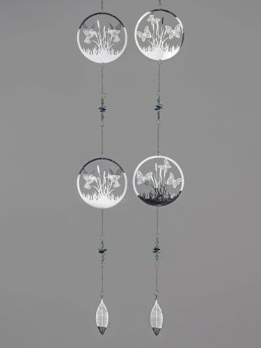 formano 2er Set Deko Fensterhänger Vögel und Schmetterlinge Girlande 86cm Mobile silberfarben Metall Kreise mit Durchbruch und bunten Glassteinen veredelt Tiere