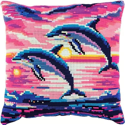 kitphoenix Knüpfkissen Zum Selber Knüpfen Knüpfen Set Knüpfteppiche Set Delfin Latch Hook Kissen Kit Knüpfteppich Knüpfpackung Set, Sofakissenbezug Handgemachte Geschenke,43cmX43cm