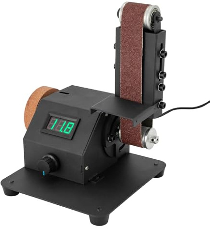 Fliuyr Mini lijadora de banda eléctrica, 350 W Sharpening Belt Sander, ajuste 0-90°, afilador de pulido y lijado con 10 bandas suministrado para lijar y pulir metales, madera, piedra, arte