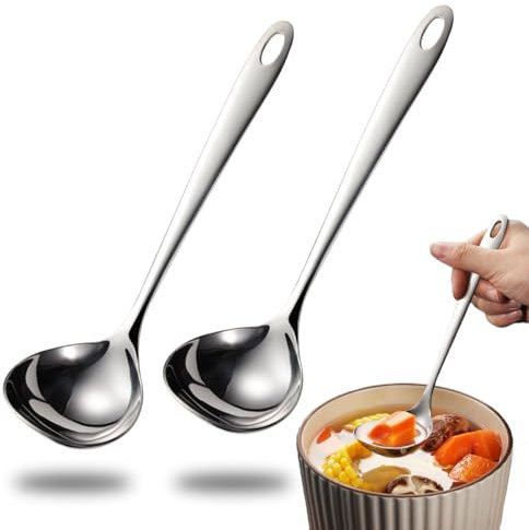 Mecmbj 2 Stück Suppenkelle Edelstahl, 20.5 cm Saucenlöffel mit Loch zum Aufhängen, spülmaschinenfest, schöpflöffel zum Servieren von Gemüse und Suppe, suppenkelle für Küche, Restaurant, Hotel