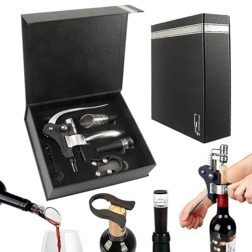 GEPAS Tire-Bouchon, Ouvre-Bouteilles Levier avec Coffret Cadeaux, Ensembles d'accessoires pour Vin avec Décapsuleur, Coupe-Capsule, Bouchon de vin Faburo-Argenté