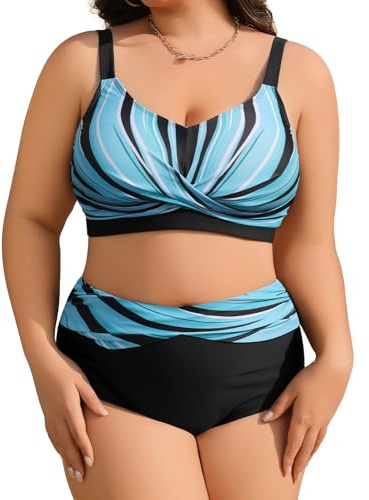 heekpek Costumi da Bagno Donna Taglie Forti Due Pezzi Vita Alta Push Up Bikini Donna Mare Imbottito Costumi Mare da Donna Scollo a V Costume per Seno Grande, Blu-Nero, 3XL