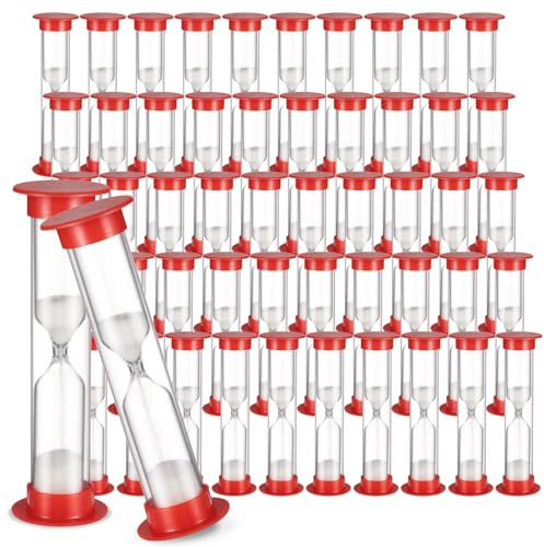 1 Minute Sand Timer, 50 Pcs Plastic Sand Timers, Small Hourglass Timers with White Sand for Games, Mini Sandglass Clock for Classroom, Home, Red