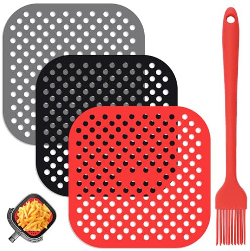 3 Stück Luftfritteuse Pad Antihaft-Silikon Heißluftfritteuse Pad 21 Cm Matten für Luftfritteuse Quadrat Wiederverwendbare Luftfritteuse Liner mit Silikonbürsten, Airfryer Einlagen für Luftfritteuse