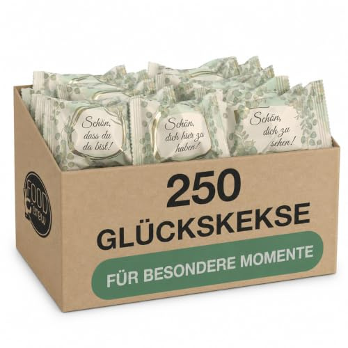 FOOD crew 250x Glückskekse Schön dass du da bist - 3 Designs - Einzeln Verpackt - Gastgeschenk Hochzeit Gäste mit Sprüchen - Gastgeschenke Kommunion Hochzeit Geburtstag - Vegane Süßigkeiten