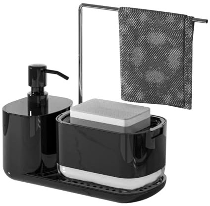Mokaskaidj Spülmittelspender Küche Set, Seifenspender Küche mit Tablett und Schwammhalter, Waschmittel Wiederbefüllbar, Handtuchhalter, Seifenspender Set für Küchenspüle und Küchenarbeitsplatte