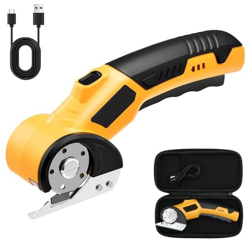 Cordless Electric Scissors, Rechargeable Handheld Electric Craft Scissors with Battery Display & Blades & EVA Storage Box, Stainless Steel Non-Slip Rotary Cutter for Leather Carpet Plastic Cutting