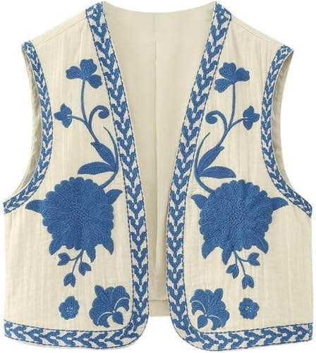 Mujer Primavera Verano Y2k Flor Bordado Chaleco Vintage Boho Lino Sin Mangas Top Mujer Casual Moda Viaje Chaleco Chaqueta (Azul,S)