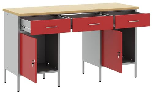vidaXL Industrieller Arbeitsschrank Mit Schublade Und Abschließbarer Tür Rot Grau Stahl Lagerlösung Für Werkstatt Garage Büro Höhenverstellbare Füße Robuste Holzwerkstoffe Sichere Organisation Metall