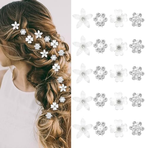 20 mini fermagli per capelli a forma di fiore, fermagli per capelli con strass, accessori per capelli per donne e ragazze, mini mollette per capelli, per uso quotidiano, feste e matrimoni (bianco)