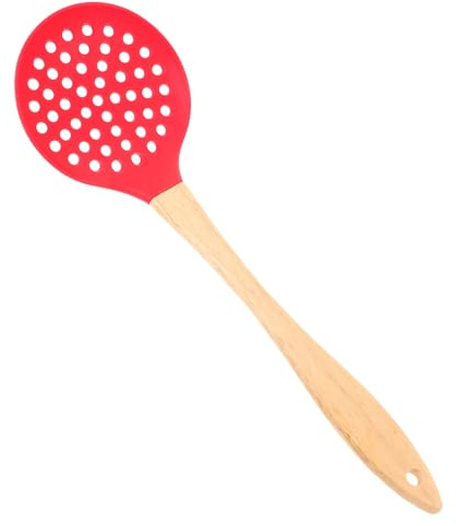 FUNNETOYU Espumadera De Silicona y Nylon Mango De Madera Curva, Resistente Al Calor, Cucharón Para Filtro De Aceite, Utensilio Para Servir y Colar Cocina Doméstica y Restaurante, Color Rojo