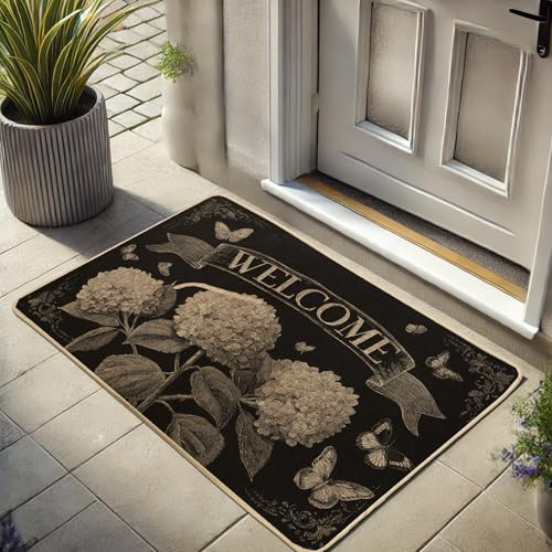 Zerbino vintage floreale con farfalla, zerbino nero ortensia per ingresso esterno e interno, decorazione stagionale, impermeabile, antiscivolo, resistente alla polvere, facile da pulire, 73 x 43 cm