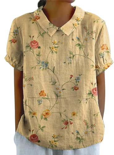 ZTFYKLIN Chemise Femme Coton Et Lin D'éTé Haut Chic Et ÉLéGant Chemisier Col en V Manche Courte Tops Femmes Blouses LâChe Respirant T-Shirts Grande Taille Pas Cher Imprimé Tunique Top