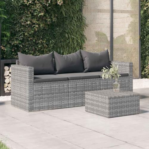 Teenpull Gartensofa 3-Sitzer mit Kissen, Grau Poly Rattan, Robustes Outdoor Patio Sofa Set für Balkon, Bequeme Lounge Sitzgelegenheit mit Schaumstoffkissen