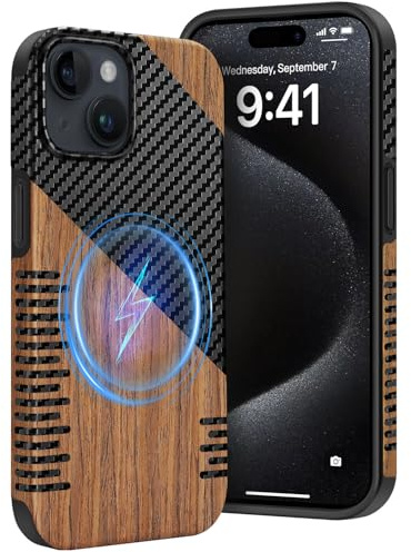 Dolstrap Robuste Coque iPhone Compatible avec Coque iPhone 15 (Compatible avec Magsafe), (Bois Naturel & Fibre Texture de Carbone) Mince Case, Noir, Noir+Marron