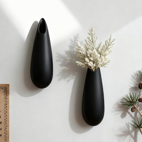 GDSZJLJ Klassische Wandvase aus Keramik, 2 Stück, schwarze hängende Wandvase für Blumen, universelles minimalistisches Dekor für Zuhause & Geschenke