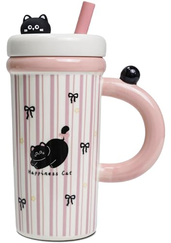 Mugtide Keramiktasse, mit Einem Kleinen Süßen Gegenstand im Tassendeckel, Wassertasse mit Deckel, Ausgestattet mit Einem Strohhalm, Geeignet als Geschenk für Familie, 800ML (Katze)