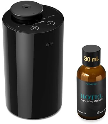 Airversa Waterless Essential Oil Diffuser Starter Kit with 30mL Hotel Fragrance Oil Inspired by Blagio, Battery Operated Car Diffuser, Portable Aroma Nebulizer for Home Car Office, AN6Kit-4, Black