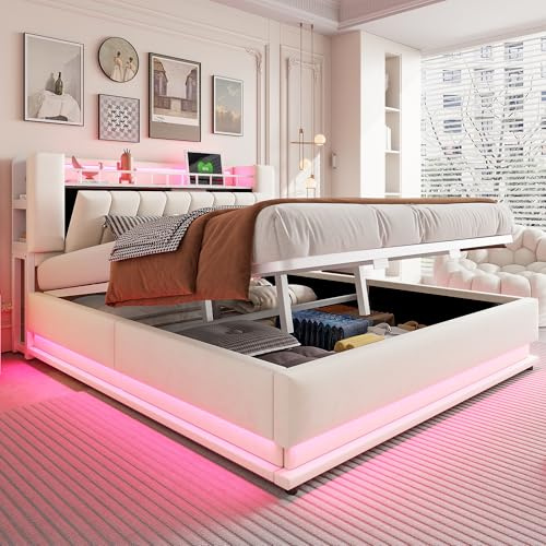 ZIDEY Polsterbett 180 × 200 cm mit LED, USB und Typ-C-Anschlüsse, hydraulischer Stauraum, Staufächer Kopfteil, Schwebebett, Bettrahmen, Bettgestell, Samt, Beige