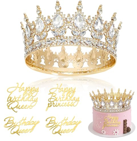 YuLiMirich Födelsedagskrona för kvinnor flickor drottning prinsessa krona diadem tiara kristallkrona för tårta med 4 grattis på födelsedagen tårtdekoration födelsedag cupcake toppers för bröllop