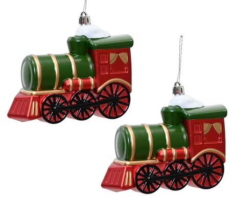 zeitzone Christbaumschmuck Lokomotive – 2 Stück bruchfeste Weihnachtsbaum Anhänger in Rot & Grün – nostalgische Dampflok Deko – Weihnachtsdeko Kunststoff