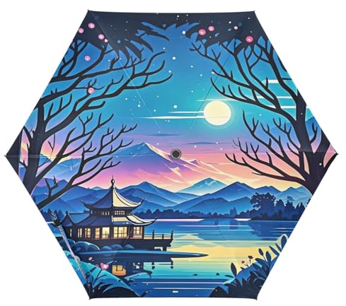 Nexawaveo Small Windproof Travel Umbrella Stylized Lakeside Pavilion Compact Light Automatic Folding Rain and Sunny Umbrella