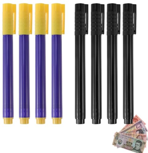 AEUXZA Lot de 8 Stylos Détecteurs de Faux Billets (4 Noirs + 4 Bleus), Testeur Rapide pour Euros et Devises, Stylo avec Encre Chimique pour Vérification de Billets, Idéal pour Commerces et Kiosques