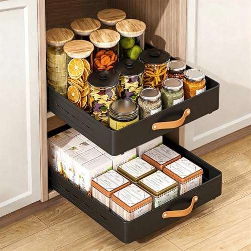 Bandeja telescópica, profundidad ajustable 41 - 60 cm x ancho 25 cm x alto 7,8 cm, cajones extraíbles, organizador deslizante de metal, sin taladros, estantes de almacenamiento para cocina baño (negro