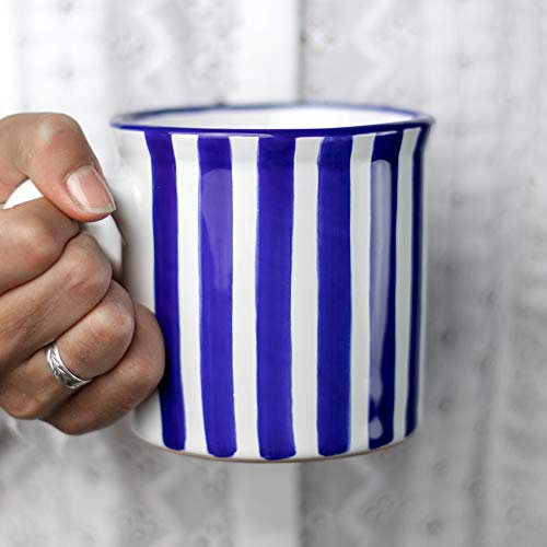 City to Cottage® Navy Blue Striped | Designer Handmade Hand Painted | Unique Ceramic Extra Large 17.5oz/500ml | Hot Chocolate Coffee Tea Mugs Cups with Handle | Gift