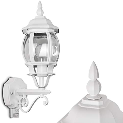HOFSTEIN Außenwandleuchte Lentua, Außenwandlampe mit Bewegungsmelder aus Metall/Kunststoff in Weiß/Klar, Wandleuchte Up im Retro/Vintage/Antik-Design, E27, IP44, Eingangsbereich, Terrasse, Haustür