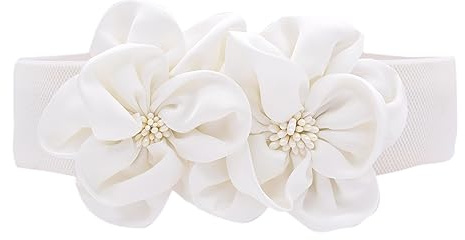 TeeYee Las mujeres de las muchachas grandes de moda doble decoración flores hebilla ajustable cinturón de cintura ancha elástico Blanco